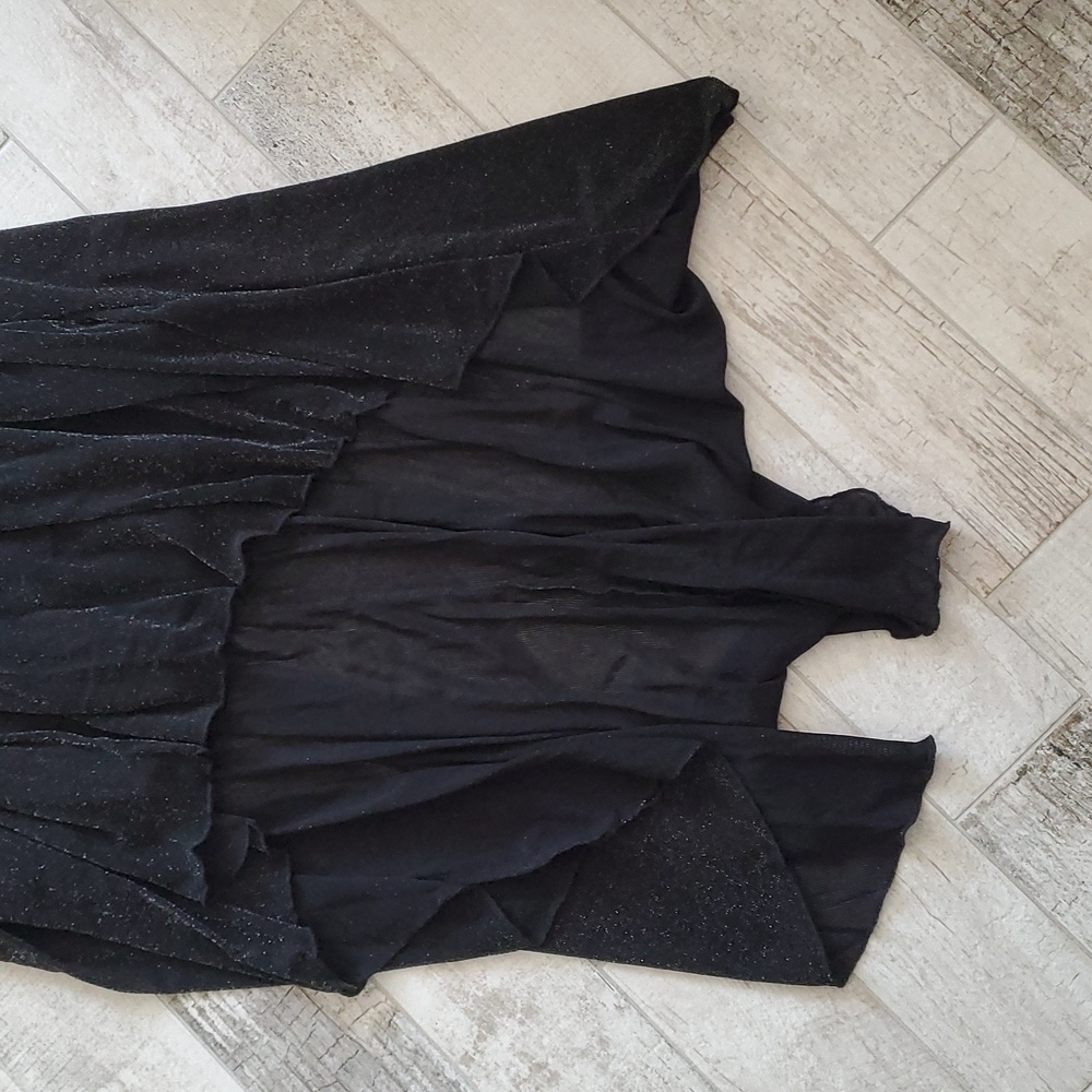 New Women's Small Black Silver Metallic Thread Dress Cap Ruffle Sleeve Hi Lo Hem - Picture 3 of 9
